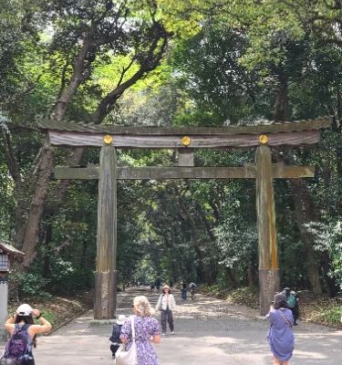 Meiji Shrine, located in Shibuya, Tokyo, is the Shinto shrine that is dedicated to the deified spirits of Emperor Meiji and his wife, Empress Shōken. The shrine does not contain the emperor's grave, which is located at Fushimi-momoyama, south of Kyoto.
